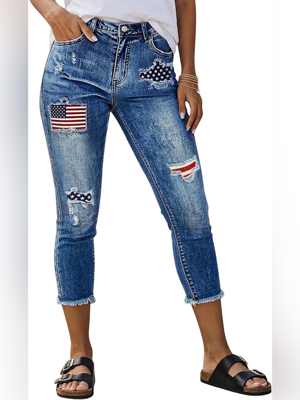 Flamingals Mid Rise Capri Skinny Wash Crop American Flag Jeans M PS5-30 - Picture 1 of 7